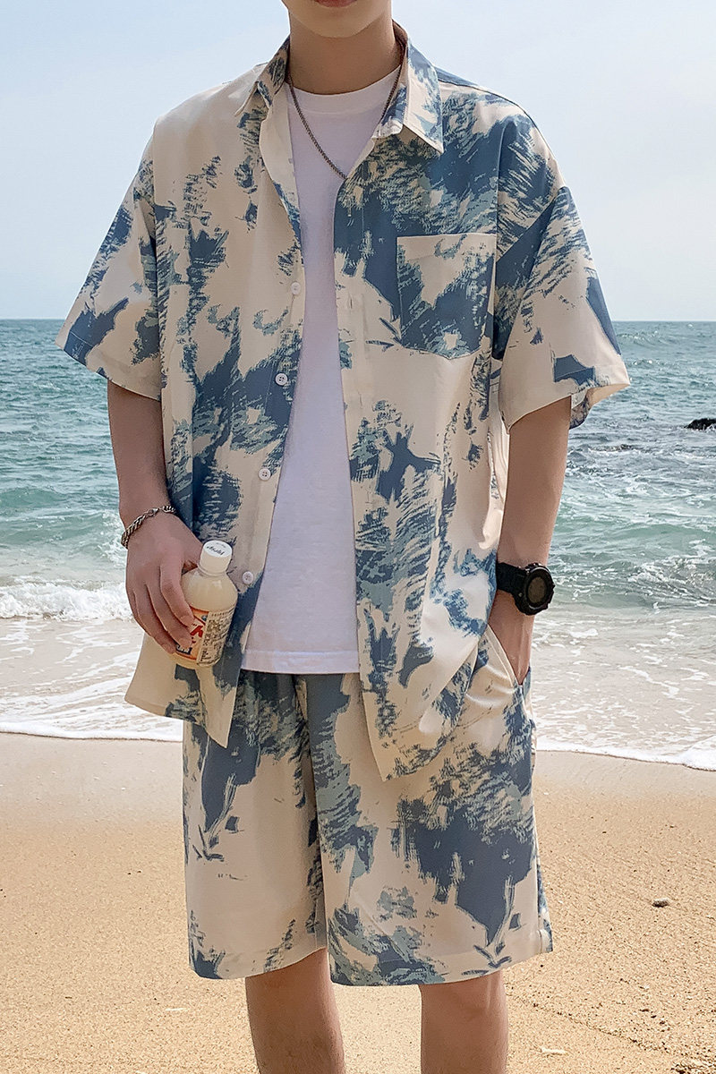 A093-TZ512-P58控78短袖印花衬衫套装浅蓝色,男装T恤,电商A093