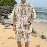 A093-TZ529-P58控78冰丝印花短袖衬衫套装浅绿色，男装T恤，电商A093