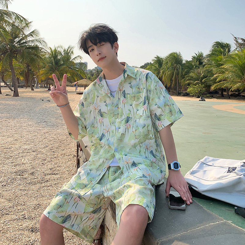 A093-TZ521-P58控78冰丝印花短袖衬衫套装浅蓝色，男装T恤，电商A093