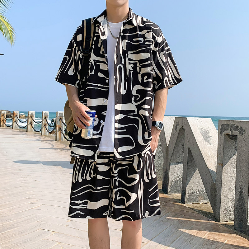 2025夏装新款海滩冰丝短袖衬衫套装A093-TZ087-P58控78白色,男装衬衫,电商A093