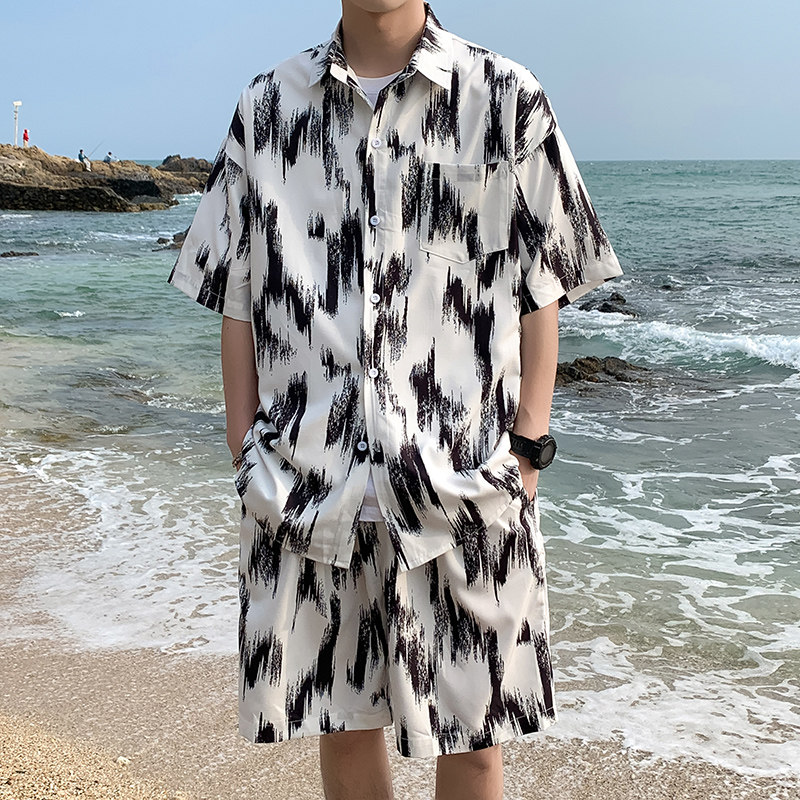 A093-TZ530-P58控78冰丝印花短袖衬衫套装白色，男装T恤，电商A093