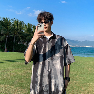 2025夏装新款海滩冰丝短袖衬衫套装沙滩裤A093-TZ091-特P45 黑灰图片
