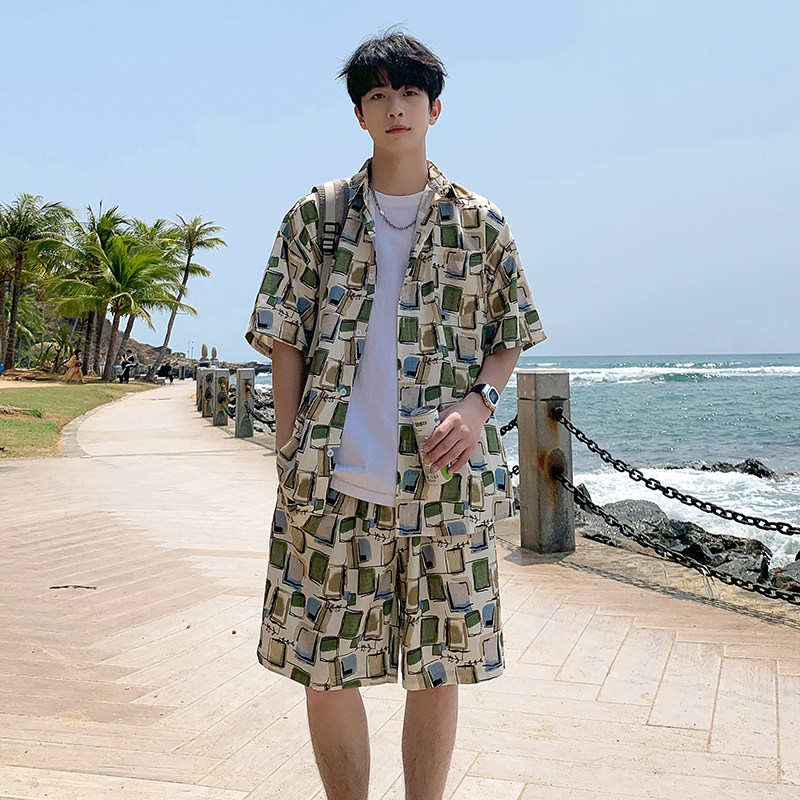 A093-TZ527-P58控78冰丝印花短袖衬衫套装绿色，男装T恤，电商A093