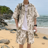 A093-TZ529-P58控78冰丝印花短袖衬衫套装浅绿色，男装T恤，电商A093