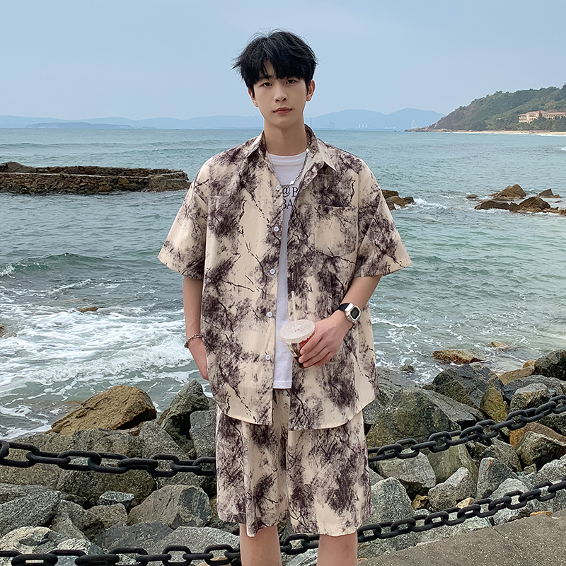 A093-TZ516-P58控78短袖印花衬衫套装燕麦色，商品下架区商品下架区，电商A093