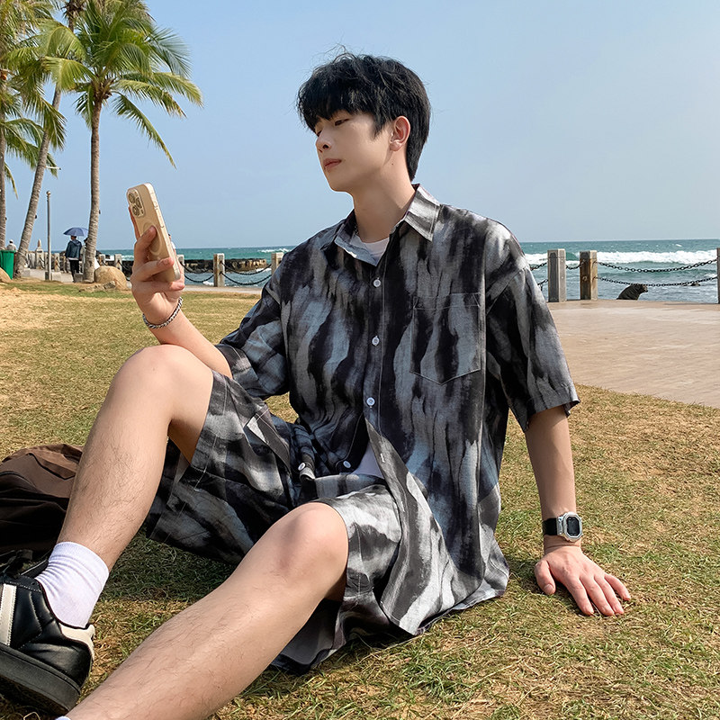 短袖印花冰丝衬衫套装A093-TZ520-P58控78黑色,男装T恤,电商A093