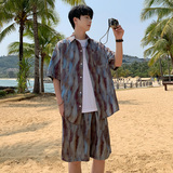 短袖印花冰丝衬衫套装A093-TZ530-P58控78蓝紫色，男装T恤，电商A093