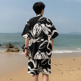 A093-TZ526-P58控78冰丝印花短袖衬衫套装黑色，男装T恤，电商A093