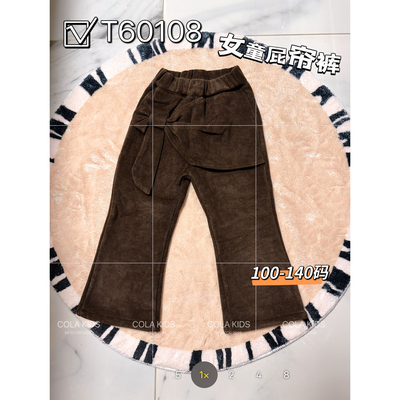 100-140码中童女童加厚灯芯绒一体奥粒绒休闲微喇裤60108棕色