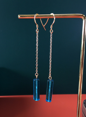清代官造宫廷御用古法老琉璃耳环湖蓝色方管女士耳坠原创设计首饰