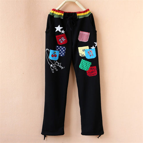 rough日系彩虹贴布刺绣休闲裤