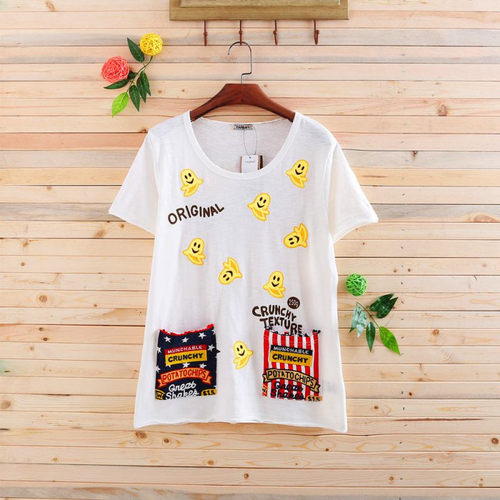 夏季rough绣花精灵半袖打底衫女士女装短袖上衣t恤衫圆领 纯棉T恤