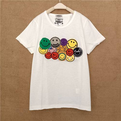 rough绣花笑脸短袖t恤女2024半袖 春夏季打底衫韩版宽松上衣ins潮