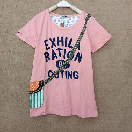 宽松简约粉色rough背包短袖t恤女装2024新款半袖体恤上衣服夏季潮