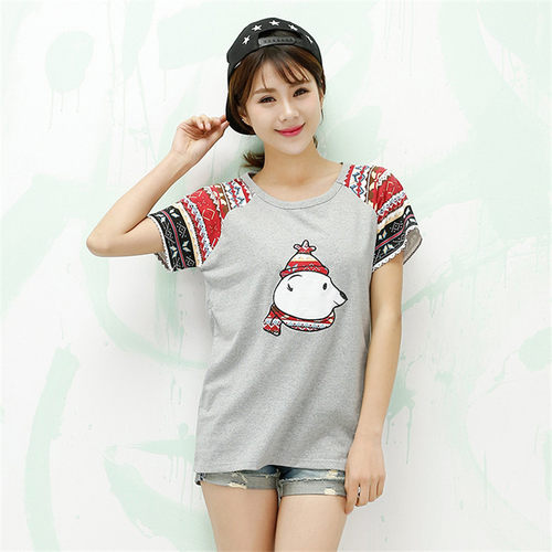 rough2024可爱打底衫新短袖t恤拼色袖小熊头贴布刺绣女式休闲T恤