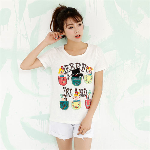 rough上衣女装贴布刺绣2024夏季竹节棉t短袖女式T恤口袋猫打底衫