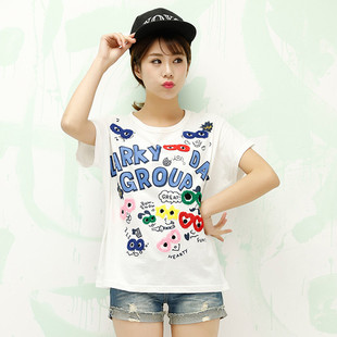 rough眼镜刺绣新款蝙蝠袖宽松短袖夏季韩版时尚原宿风休闲女式t恤