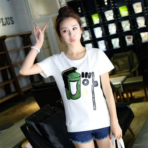 短袖t恤夏季韩版2024宽松卡通亮片绣学生装上衣少女装rough体恤潮