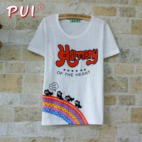 2024夏季新款女装韩版字母刺绣卡通纯棉短袖显瘦彩虹猫T恤打底衫