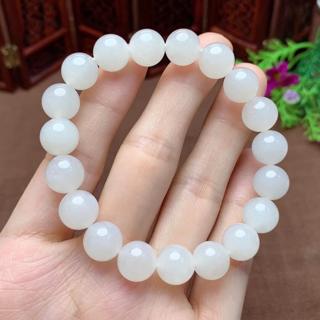 纯天然和田玉白玉手链10mm圆珠手链精美玉石手串和田玉圆珠手串