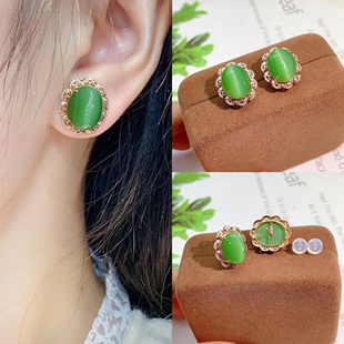金镶玉耳钉纯天然和田玉碧玉猫眼旦面耳钉精美高档礼物玉石玉首饰