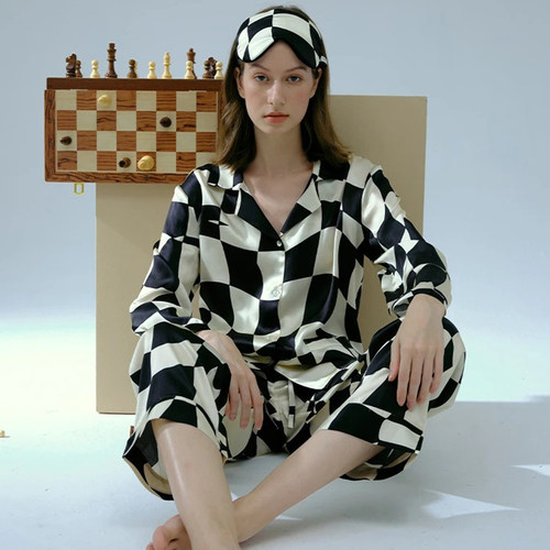 Pillow Talk棋盘格冰丝触感睡衣女春秋款睡衣套装家居服
