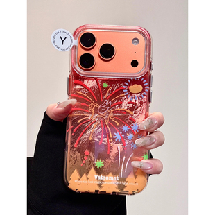 卡通可爱锡纸纹新年烟花金元宝小马适用苹果17promax手机壳15iphone16pro保护套13/14双层IMD高级感气囊防摔