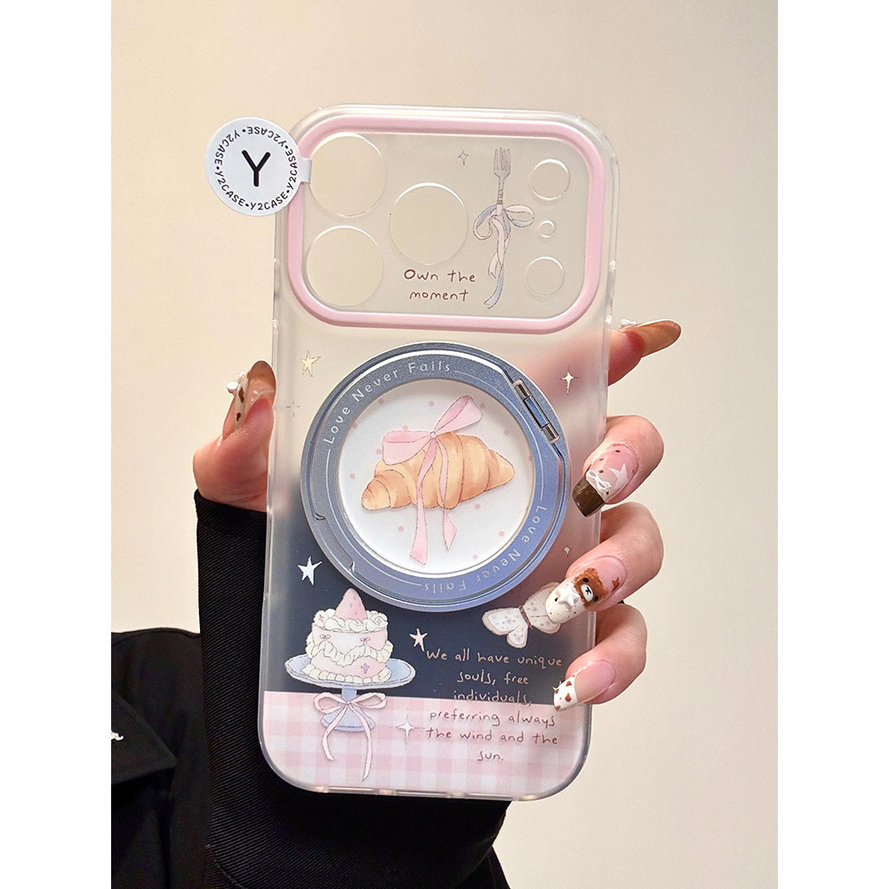 磨砂支点壳ins风粉色蝴蝶结牛角包适用苹果17promax手机壳15iphone16pro保护套13/14双层IMD高级感带手链ins