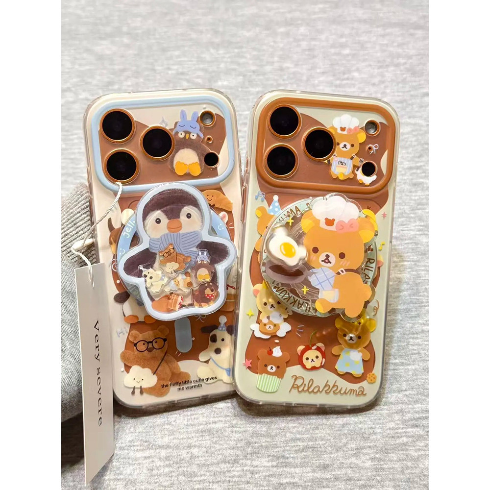 可爱企鹅小动物轻松熊磁吸支架适用苹果17promax手机壳15iphone16pro保护套13/14双层IMD高级感日韩