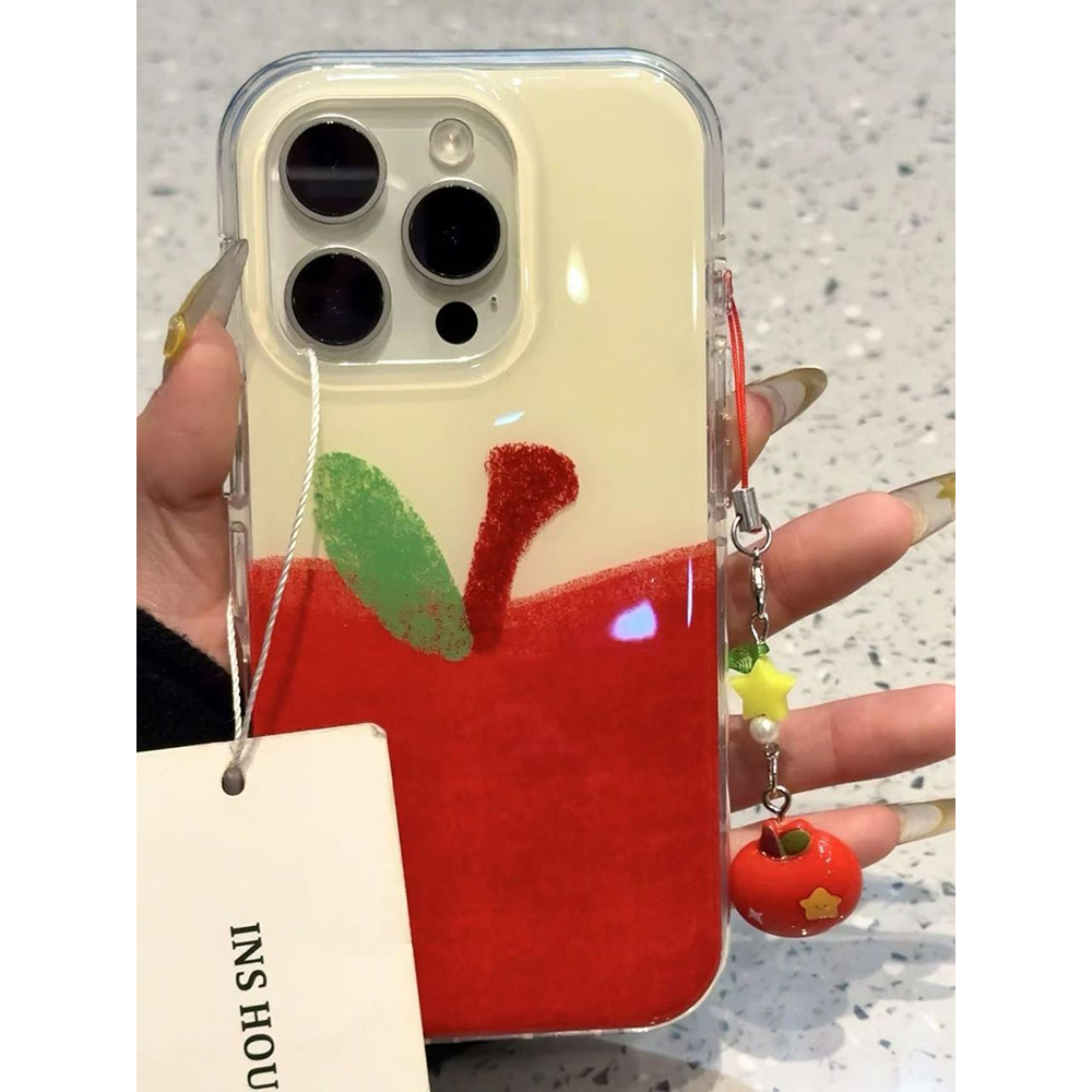 创意绿叶红苹果插画挂件吊坠适用苹果16promax手机壳15iphone14保护套13双层imd高级感日韩ins风小众创意防摔