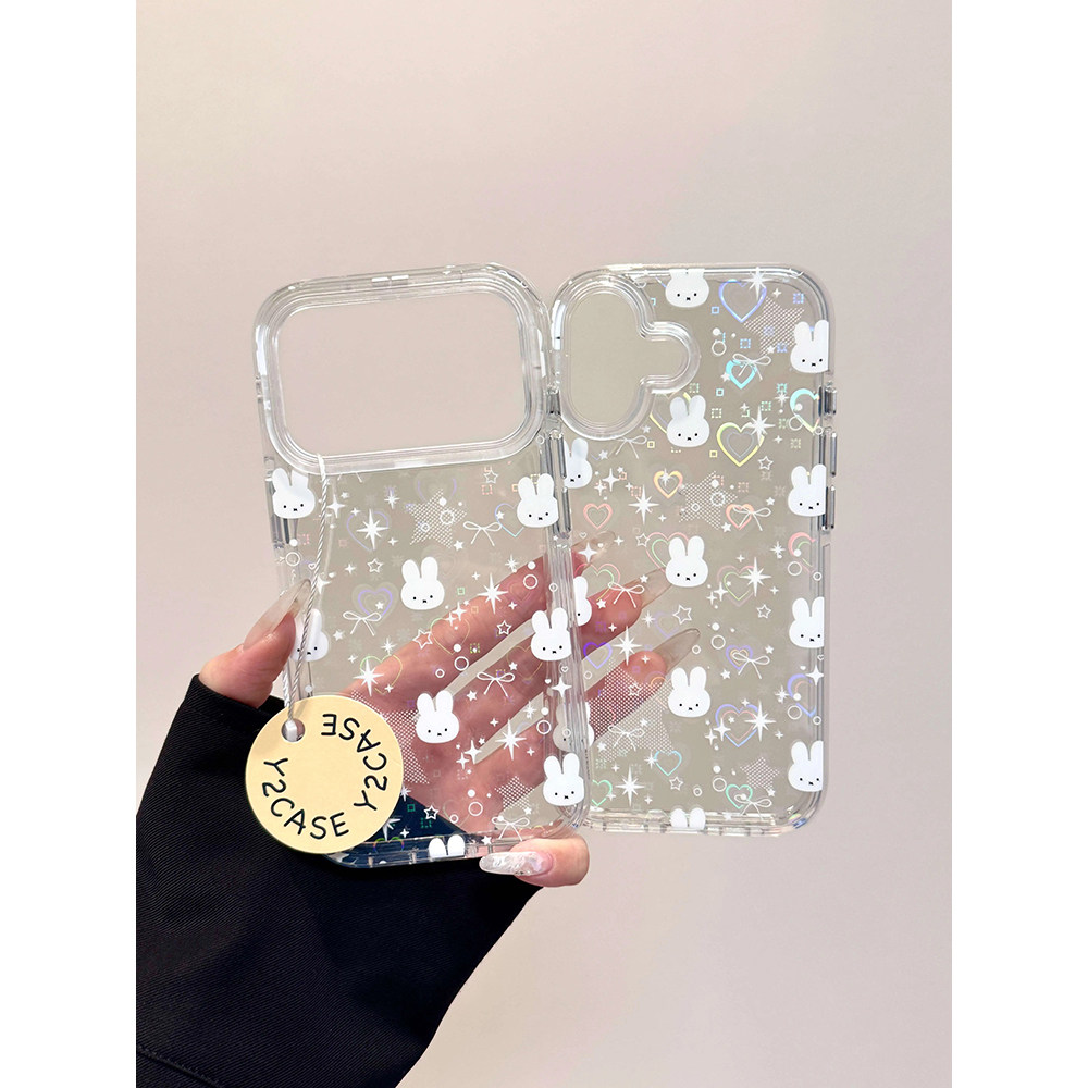 卡通可爱个性镭射爱心兔子适用苹果17promax手机壳15iphone16pro保护套13/14双层IMD带手链气囊防摔新款个性