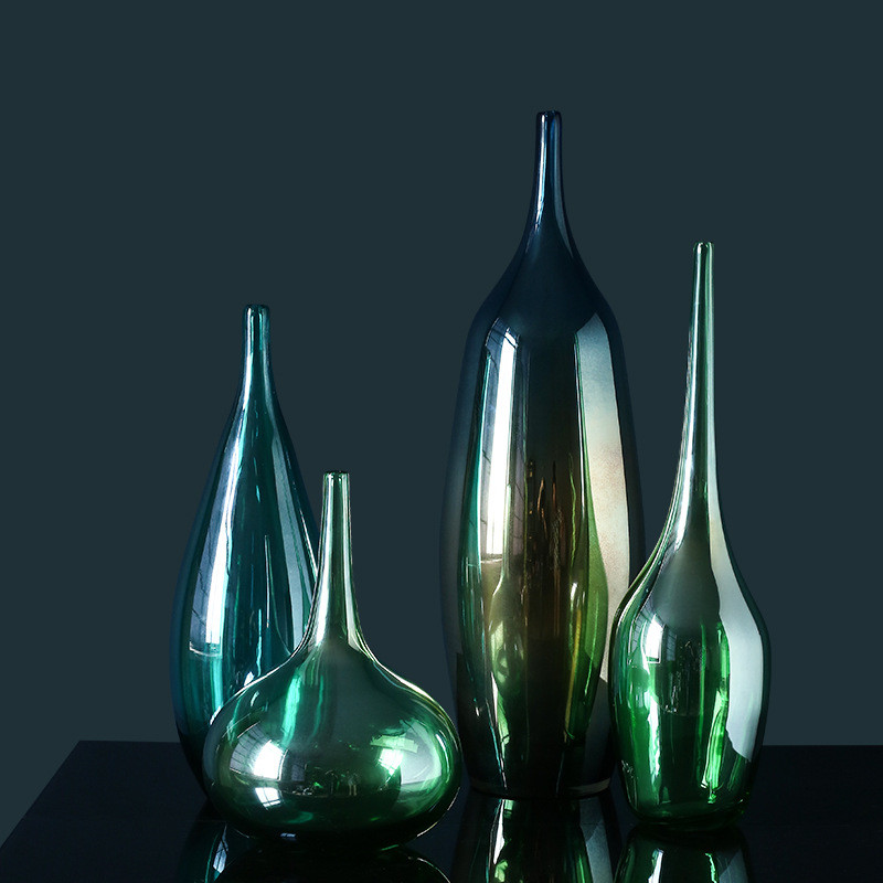 人工吹制细口尖嘴玻璃花瓶创意蓝绿色喷绘花器家居摆件样板间饰品