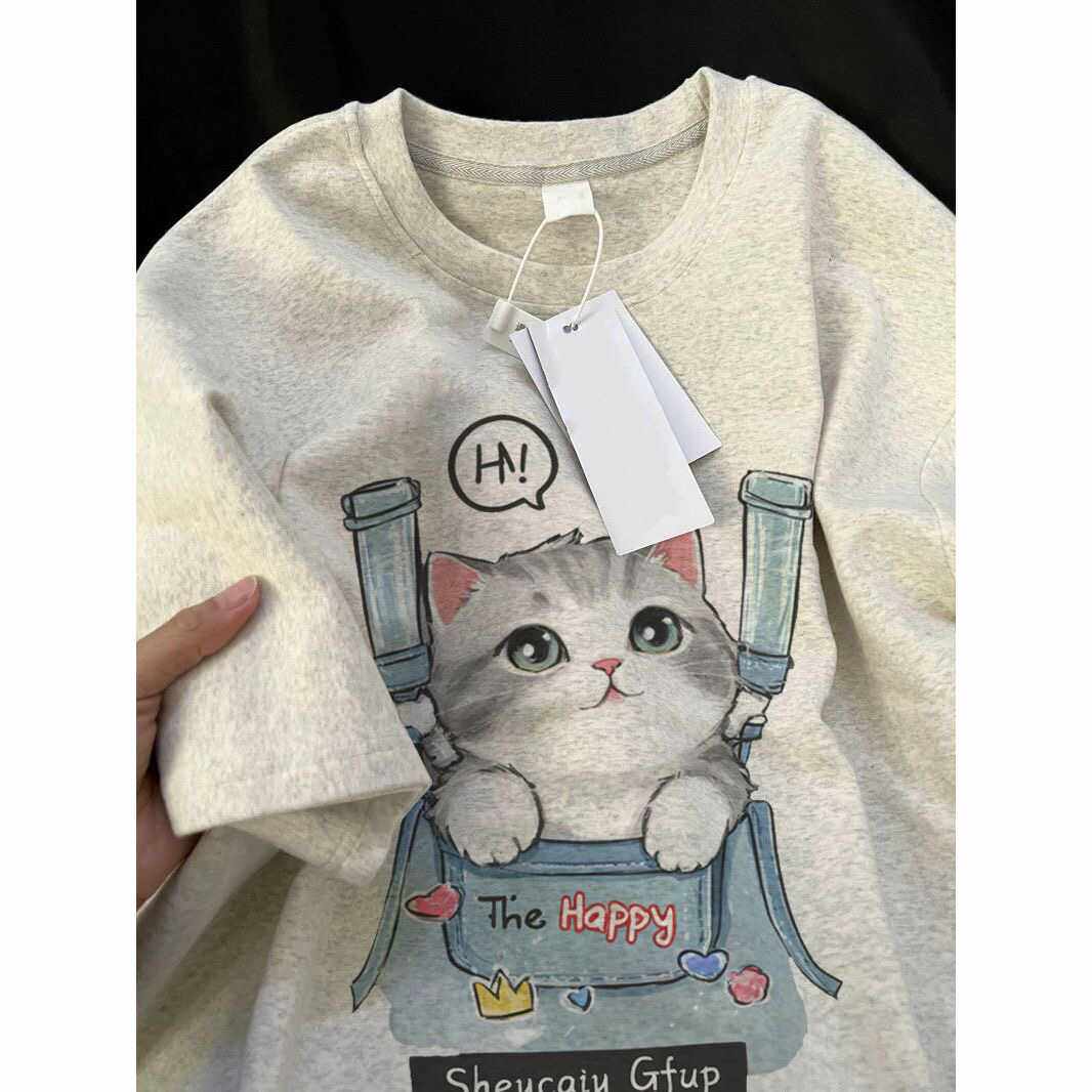2024新款背带猫短袖t恤女夏季独特别致大码显瘦趣味半袖上衣潮牌