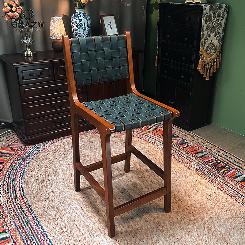 轻奢复古风凳马鞍革高脚凳实木吧台椅子家用吧椅高脚椅真皮酒吧椅