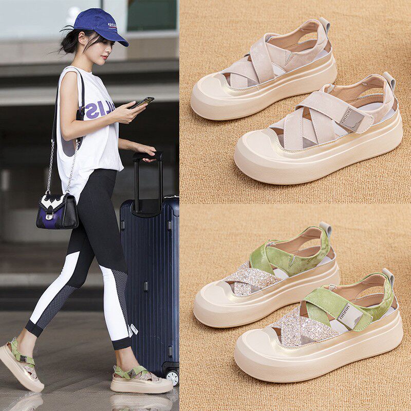 大码女鞋41到43夏季2026新款休闲厚底一脚蹬镂空包头外穿罗马凉鞋