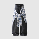 美式假两件拼接牛仔裤男女秋季可拆卸格纹帘直筒阔腿裤9058-P95，女装牛仔裤，电商A318