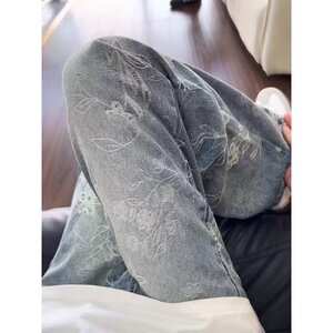 美式重工荆棘满印牛仔裤男潮牌直筒裤微喇长裤子7100-P35图片