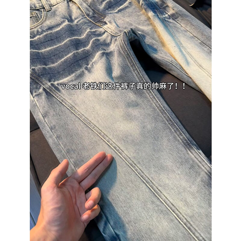 网图蓝色闪电纹牛仔裤男美式高街斜切裤子直筒微喇裤7151-P45,男装牛仔裤,电商A318