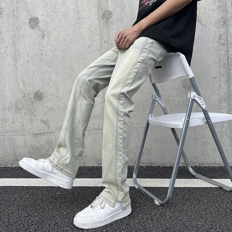 美式复古vibe裤子高街潮牌水洗做旧黄泥染牛仔裤男微喇裤7154-P50,男装牛仔裤,电商A318