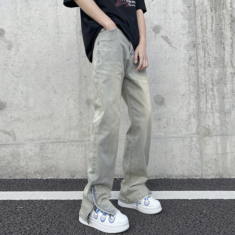美式高街vibe做旧黄泥染拉链开叉牛仔裤男直筒微喇长裤子7155-P50,男装牛仔裤,电商A318