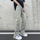 美式高街vibe做旧黄泥染拉链开叉牛仔裤男直筒微喇长裤子7155-P50，男装牛仔裤，电商A318