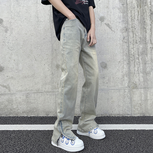 美式高街vibe做旧黄泥染拉链开叉牛仔裤男直筒微喇长裤子7155-P50