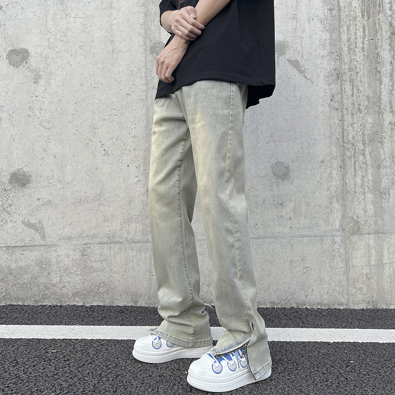 美式高街vibe做旧黄泥染拉链开叉牛仔裤男直筒微喇长裤子7155-P50,男装牛仔裤,电商A318