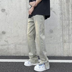 美式高街vibe做旧黄泥染拉链开叉牛仔裤男直筒微喇长裤子7155-P50