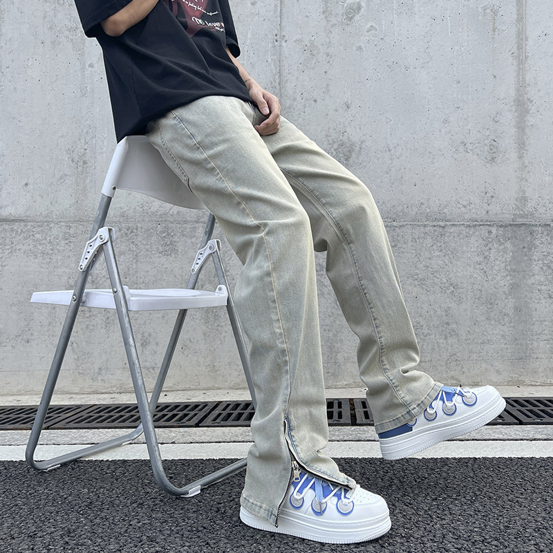 美式高街vibe做旧黄泥染拉链开叉牛仔裤男直筒微喇长裤子7155-P50,男装牛仔裤,电商A318