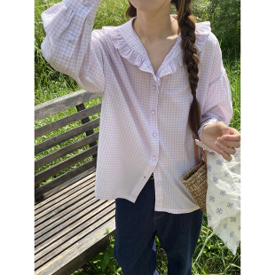 雏菊BellisPerennis2025AW 集丝坊轻薄棉香芋牛奶紫格花瓣领衬衫