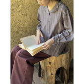 雏菊BellisPerennis2024AW 新疆长绒棉色织灰紫条纹花边领衬衫