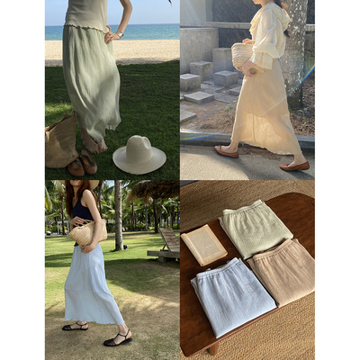 独特极细压褶设计棉全松紧半身裙