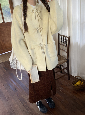 雏菊BellisPerennis2025AW HANDMADE芝士黄蝴蝶结牦牛绒手工大衣