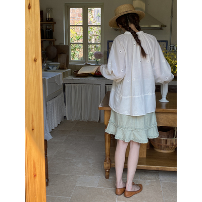 色织绿格汉麻有机棉木耳边短裙